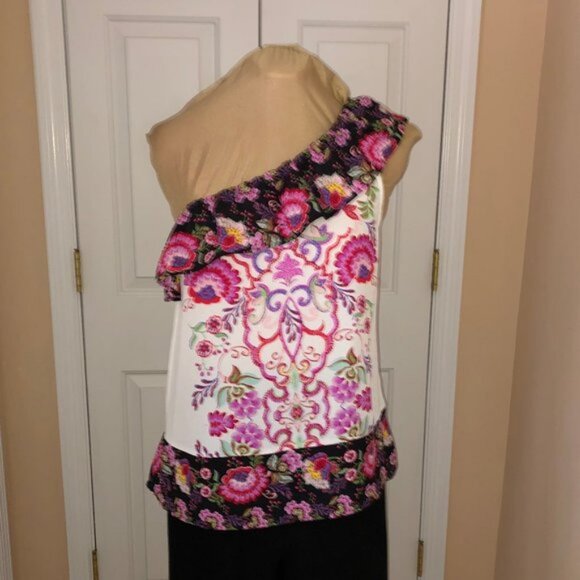 Lily White Floral Multi Color One Shoulder Ruffle Top Size Medium - Picture 1 of 7